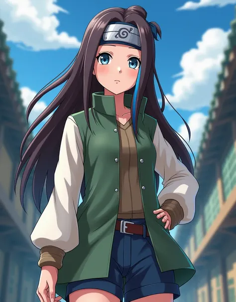 Anime style girl "Naruto", with long brown hair,  style womens clothes with one blue strand and gray-blue eyes,  with a hidden leaf village protector on her forehead , in  "Naruto" 