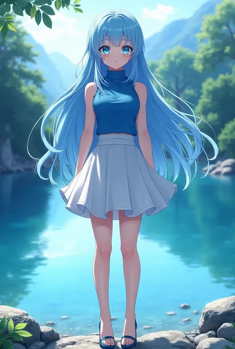 The figure of a beautiful girl with bright light blue hair, And his blue eyes are like crystals with anime art 
The girl had a firm and graceful expression, had a sharp gaze like an eagle and had long hair, He appeared to be Stand on the edge of a beautifu...