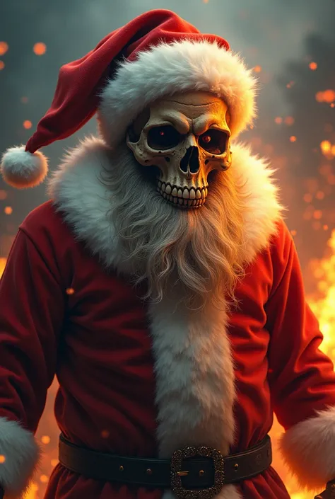 (RAW Photo, Best Quality), (Realistic, Photorealistic Photo: 1.3), Best Quality, Highly Detailed, Masterpiece, Ultra Detailed, Illustration, , burning skull wear Santa Claus Hat, Santa Claus shirt, Santa Claus pant, Santa Claus shoes, epic background, stan...