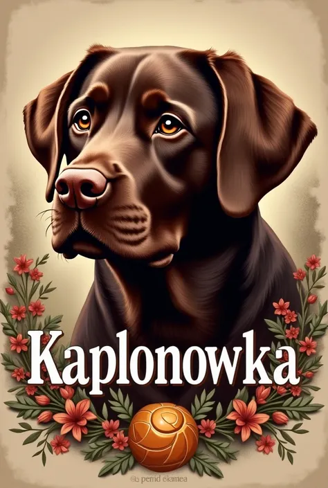 Create logo: liquer "KAPLONOWKA" with face chocolate labrador