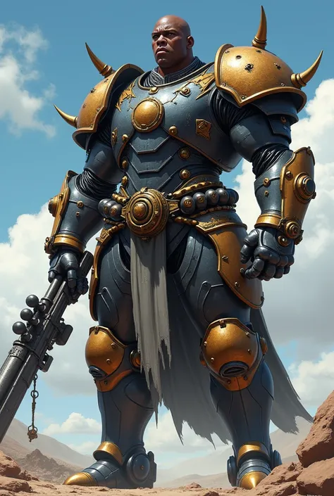 Create a big black man with iron armor a mechanical lens with a powder gun a belt with bombs with a realistic anime style without a helmet and that has a size of 2 meters 40