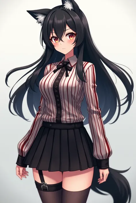 Create an anime girl with long black hair wearing a long-sleeved shirt with black and red stripes that is a wolf, a short black skirt, stockings with a garter with a black strap on the right leg 