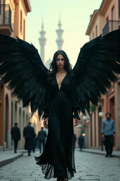 Picture of a woman with black wings walking the streets of Baku , siyah kanatlı bir kadın resimi