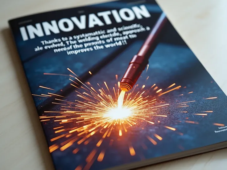  An innovation magazine with an image of a welding electrode and a narrative text on the cover: " Thanks to a systematic and scientific approach , the welding electrode a evolved to meet the needs of the present and the future . This is how science improve...