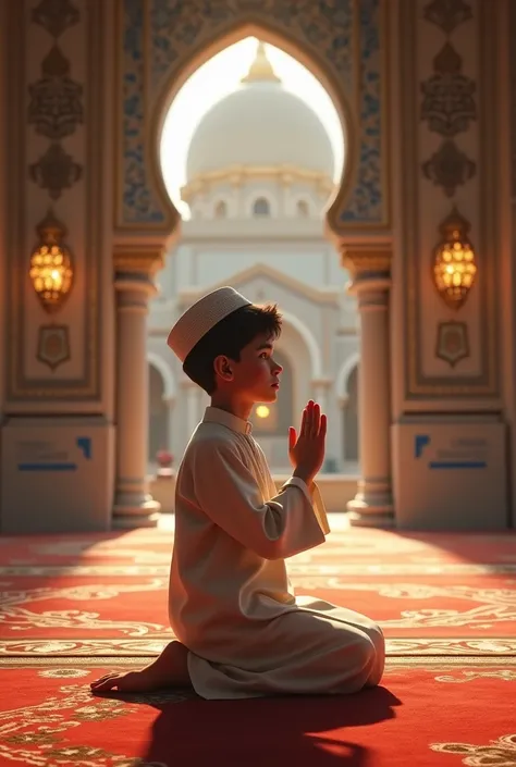 Teenage boy prays at mosque