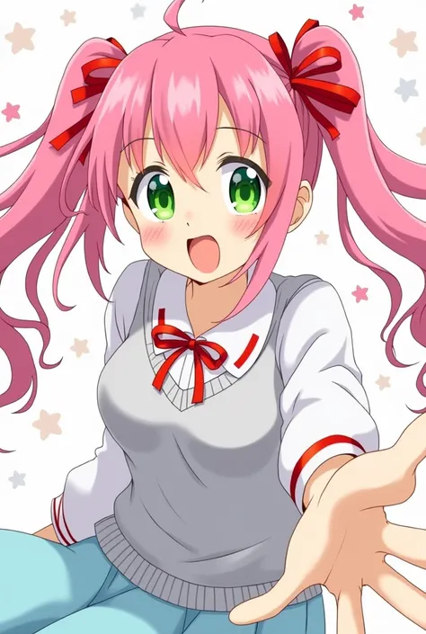  Description of the image
The image is of a female anime character with pink hair and a mischievous smile..

 physical appearance :

 She has long pink hair , tied in two tails .
 Her hair is styled with small red ribbons at the ends of her ponytail .
 She...