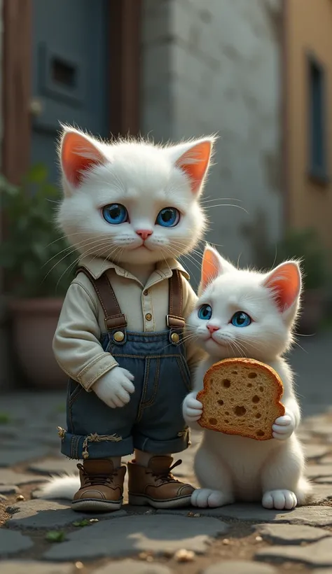 gatito blanco  with blue eyes ,  who wears a white shirt and torn shorts , IN REALISTIC, Estilo 4k,  is holding a piece of bread ,  with moldy bread and looks distressed . A fat white adult cat ,  with blue eyes ,  who wears an old and torn white shirt and...