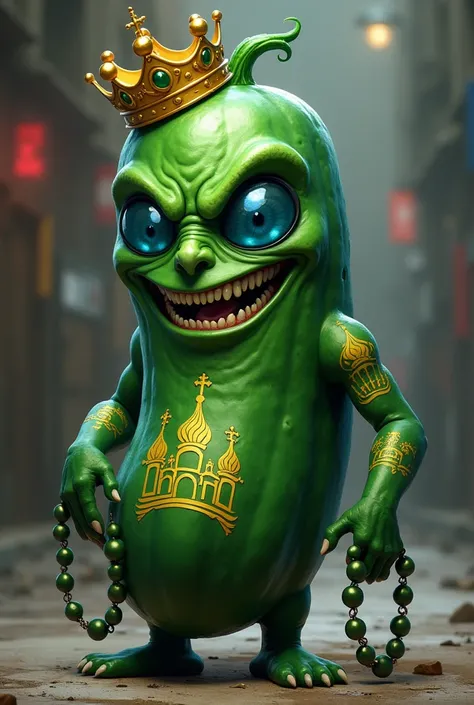  A bright green green cucumber  ,has a mouth blue evil eyes nose , crown on the head , thief in law thug tattooed with golden church domes,beads in hand  