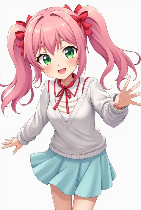  Description of the image
The image is of a female anime character with pink hair and a mischievous smile..

 physical appearance :

 She has long pink hair , tied in two tails .
 Her hair is styled with small red ribbons at the ends of her ponytail .
 She...