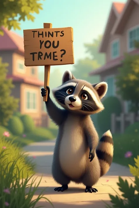 Raccoon holding a sign over his head 