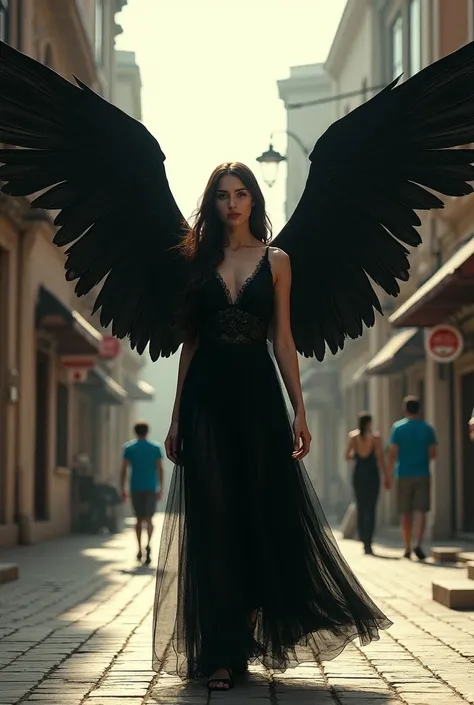 Picture of a woman with black wings walking the streets of Baku ,  image of woman with black wings, Let the background be Azerbaijan 