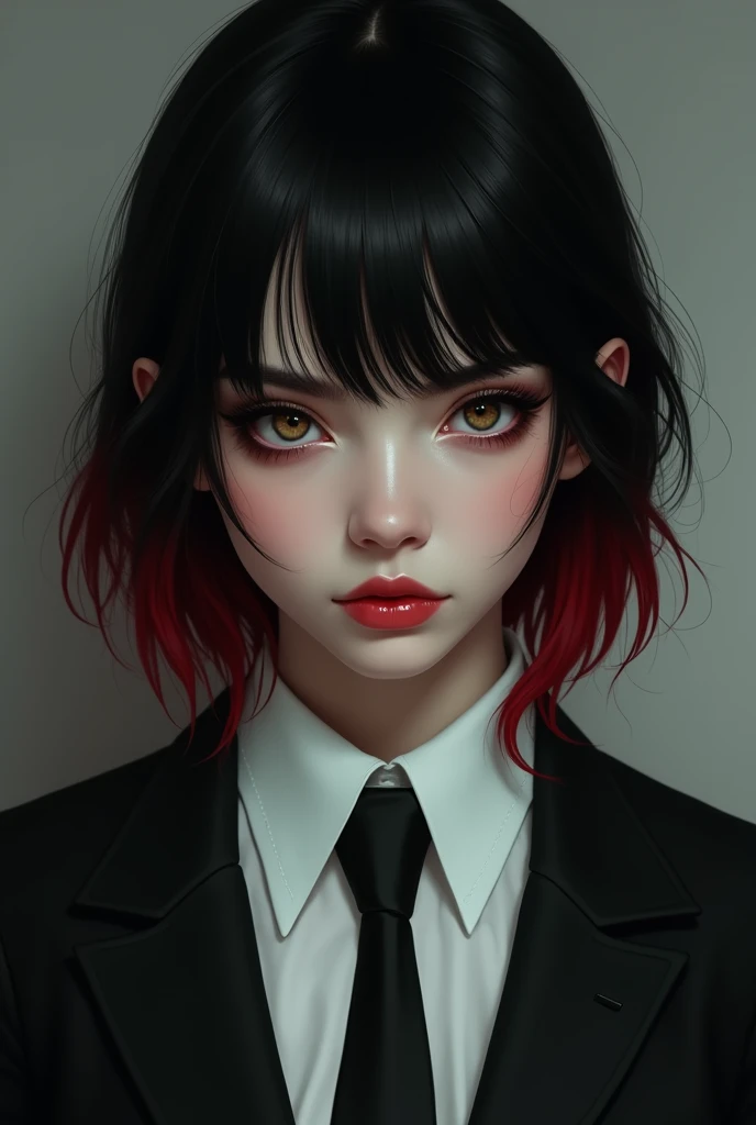  Black-haired woman,  red hair tips , light brown eyes,  white skin . She wears a suit and tie .  Psychopathic look and expression. realistic,  high quality.