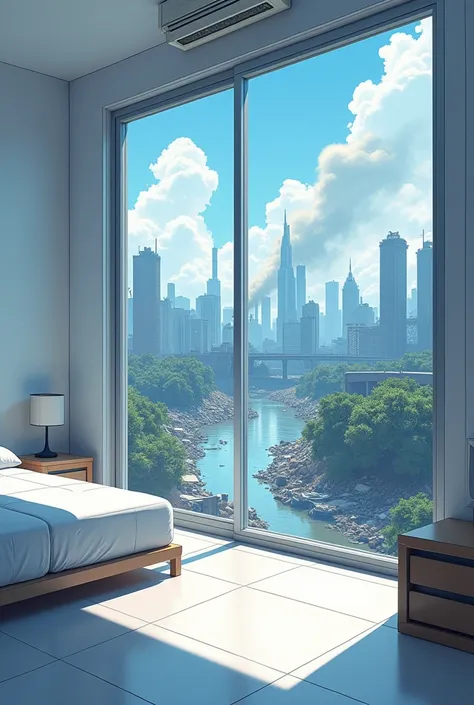 Create me an image of a clean room where you can see from the window a city with garbage accumulated in the streets,  contaminated rivers , and smoke coming out of factories . Do it in anime mode

Do the same image but from different perspectives 