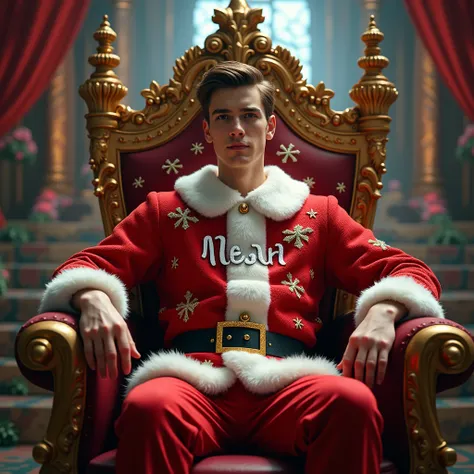 25year old man, Short hair, sitting on a Throne, wearing a Christmas costume, with a text Noah on it