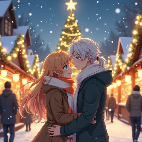 Incredibly beautiful young femme fatale blonde with long golden hair and blue eyes, in warm winter clothes,white and orange scarf, strolling through the Christmas market with a tall, handsome,statuesque, courageous young man with long white hair, blue eyes...