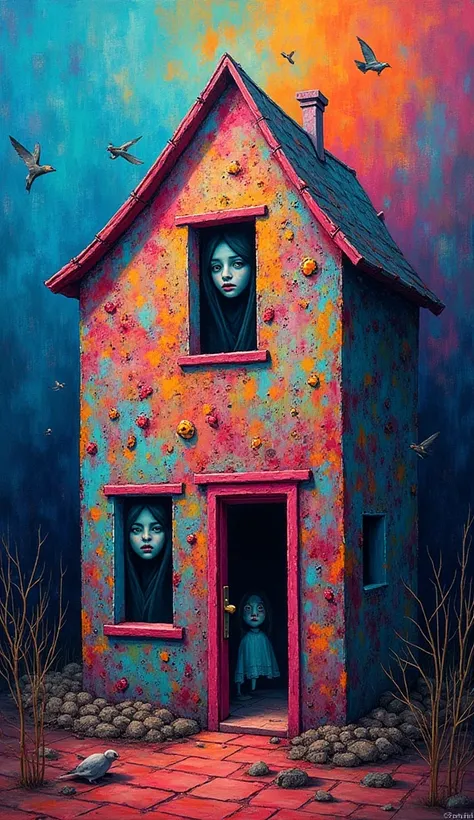 A vibrant painting of the house itself, hung inside the house, with the faces of the trapped friends subtly hidden in its details