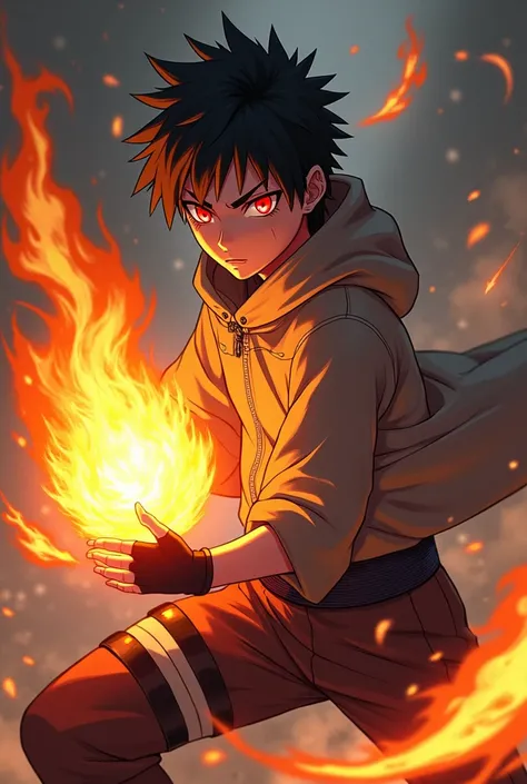 Create a teenage anime character uchiha bloodline short spiky hair, red  eyes shaped like  clock hands, cold demeanour, hoodie and fingerless gloves  spitting a massive fire ball jutsu 
 