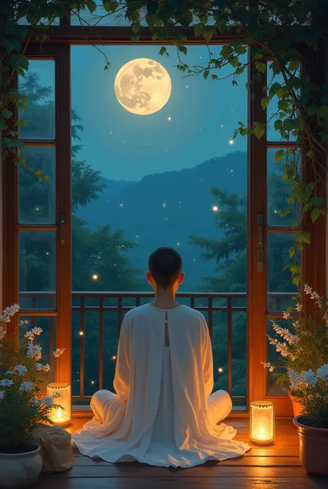  A buzz-cut Thai woman wearing a long-sleeved white linen dress, a round neck, a white robe and a white blanket over the dress.,  she fell asleep, sat, meditated, flourished,  , on the balcony, the vines, the flowers ,  creeping covered ,  The moon outside...