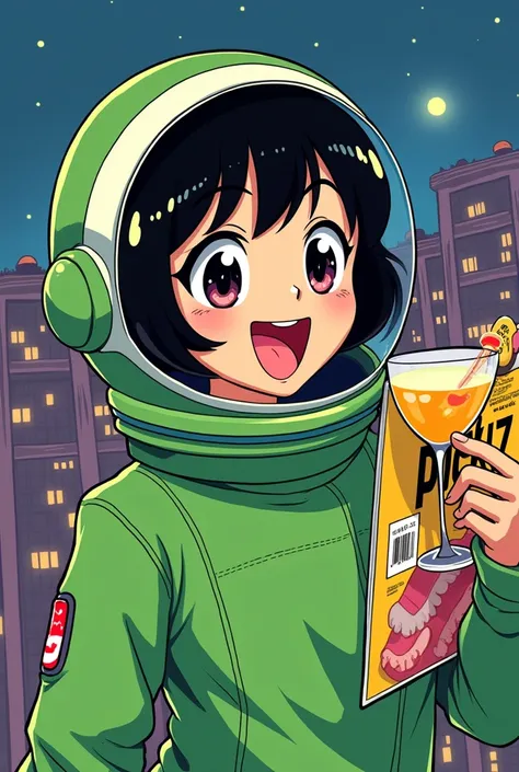  best image quality ,  1980s Japanese manga style , 2D Character, Powerpuff girl drawing, Bright eyes, pretty eyes, Retro,  wearing a green spacesuit, Big mouth, ,  tongue out, ,  holding a cocktail glass and , Magazine cover,  The cover says PICKLZ. Upper...