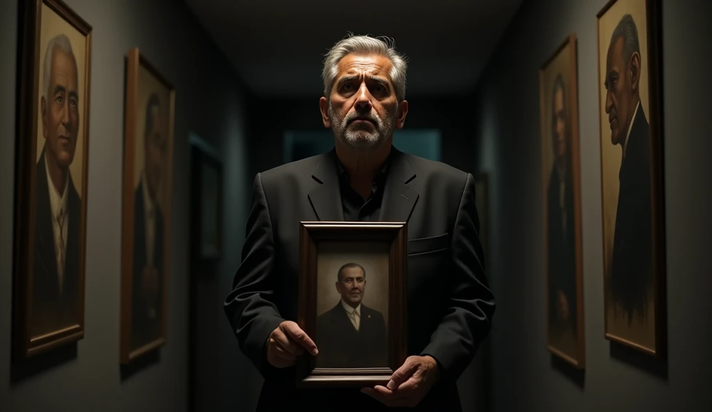 A middle-aged Mexican man, 55 years old, with light brown eyes and graying hair, stands in a large, dark hallway, looking at a picture frame in his hand. He is dressed in a formal black suit, and his face shows a mix of sorrow and regret. His shoulders are...