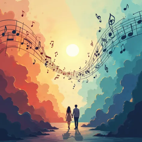  Create a harmonious and artistic illustration that visually represents four interconnected aspects of music: musical recreation , Musicalization ,  musical education and instrument technique .  Each aspect must be symbolized differently ,  but cohesively ...