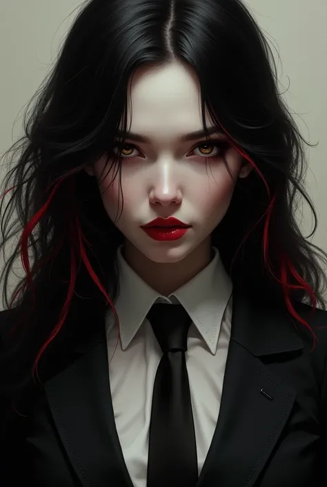 Greetings black-haired American woman, red hair tips , light brown eyes,  white skin . She wears a suit and tie .  The look and expression of an evil psychopath . realistic.