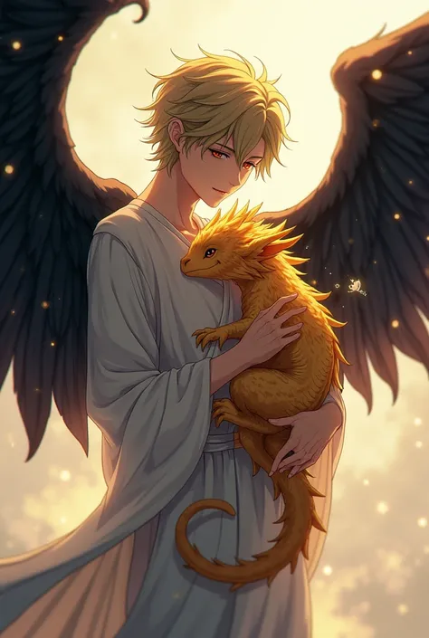 An anime-style picture of an angel guy with black wings holding a gold-colored dragon cub and covering it with his wings
