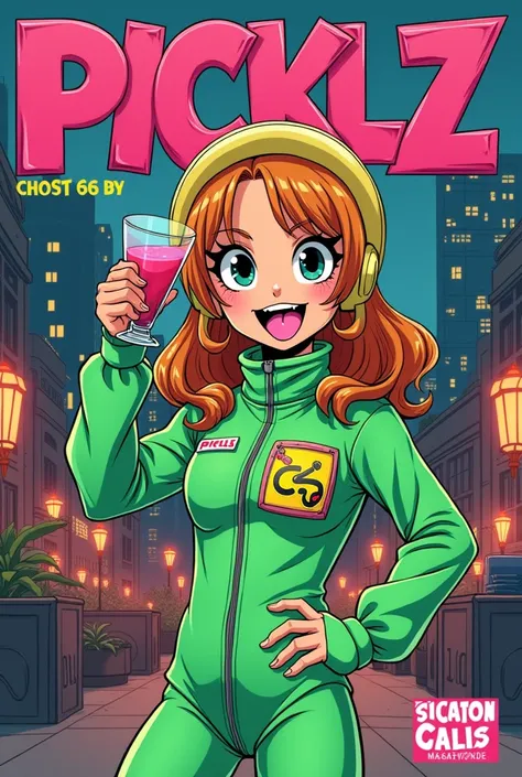  best image quality ,  1980s Japanese manga style , 2D Character, Powerpuff girl drawing, Bright eyes, pretty eyes, Retro,  wearing a green spacesuit , A cute monster face on a human body, Big mouth, ,  tongue out, ,  holding a cocktail glass and , Magazin...