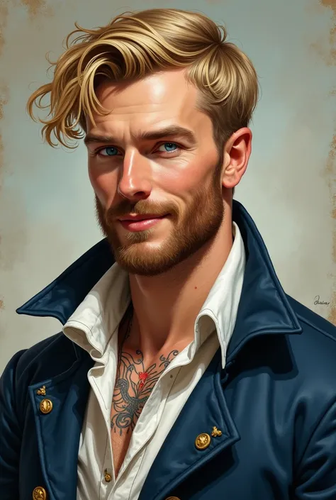 Drawn Portrait of a rugged man, attractive, viking, pirate, short Blond Hair, Alexander Ludwig, clear blue eyes, dark blue victorian captains frock, open shirt,  Sailor tattoos, Smiling, regency era, vintage fantasy Portrait art, oil painting