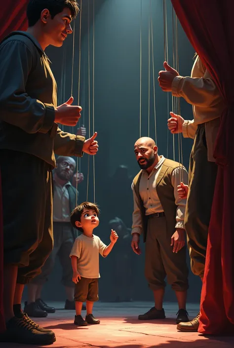 A boy talking to the people who play the puppets in a theatre