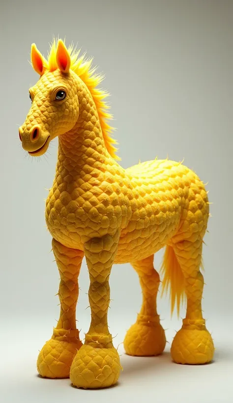 ""Fusion of a horse and pineapple: the entire horses body is made of pineapple segments. The horses shape should be recognizable but crafted entirely from pineapple pieces, with the texture of the fruit visible on the body and legs, while keeping the horse...