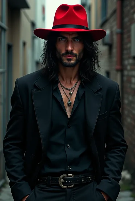 Red hat, long black hair, slight beard, blue eyes, piercings, black clothes, Russian 