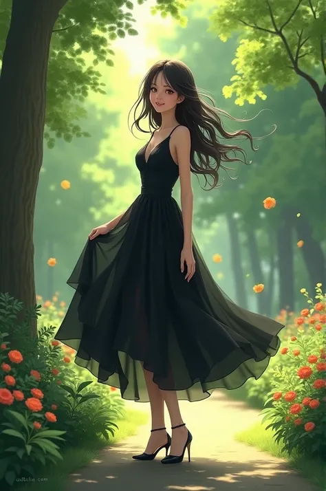 A butiful girl in park ground with a green garden standing on the park with a black dress 