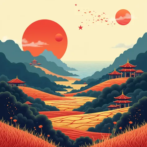  Create a minimalist landscape illustration using Red (#FF0000), Gold (#FFD700), and Blue (#3776AB). Include elements of Southeast and Eastern Asia like Rice Terrace, Paddy Field, Mountain, Ocean, Temple, Textile Pattern, Wave Pattern, and Architectural Ar...