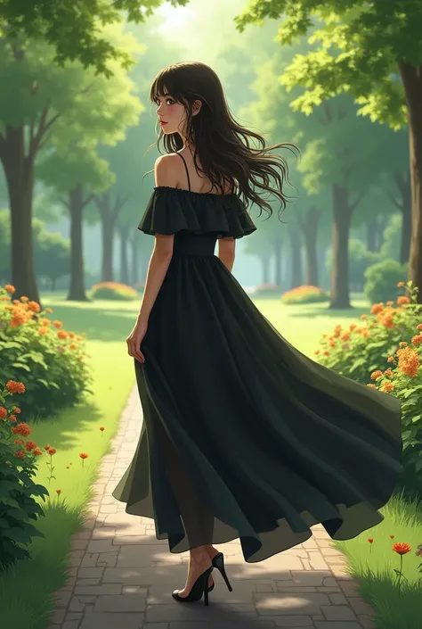 A butiful girl in park ground with a green garden standing on the park with a black dress 