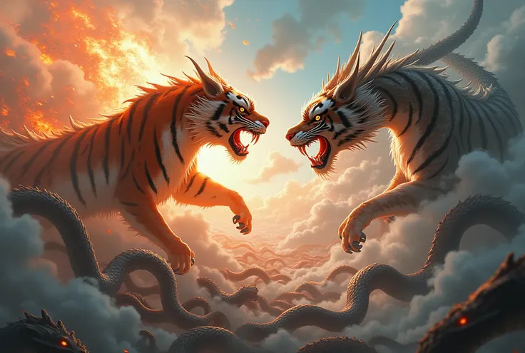  pictures of tigers and dragons fighting over snakes, Airbrush painting by Tanyu Kano , Zbrush Centralでトレンド中, creation, Chinese dragons are fighting ,  a wizard fighting a tiger ,  traditional Japanese concept art, 240 pages , Fire Tiger Fly,  Chinese drag...