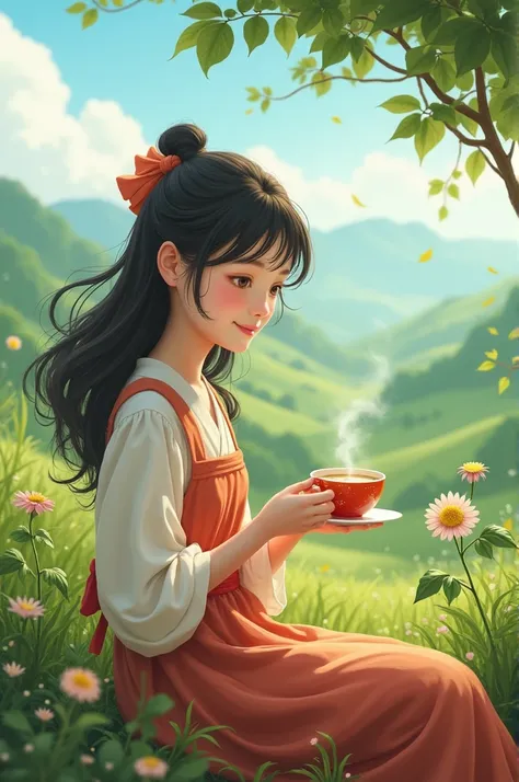 A very beautiful village girl is drinking warm tea in a very cool rural nature setting her hair is blown away her smile is sweet while turning her head to her nutmeg