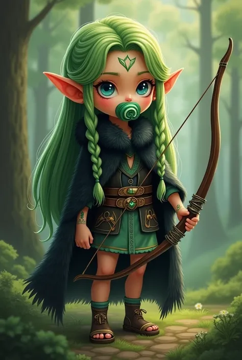 Create final fantasy style a beautiful cute baby elf with long straight green hair with braids with blue eyes with strong legs with a green pacifier in her mouth wearing a black fur cloak with green details with a light black vest with details underneath w...