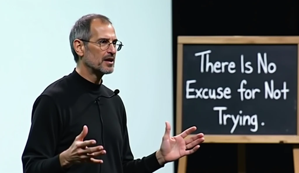 A photo of Steve Jobs giving a speech at Apple. He is standing in front of a white backdrop and has short hair. There is a microphone in front of him. On the right  image, there is a chalkboard with the text "There Is No Excuse for Not Trying"