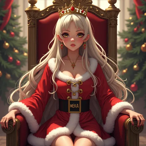 1girl, Long hair, Earings, Sitting on a Throne, wearing a crown, wearing a Christmas costume, With a text Meka on it