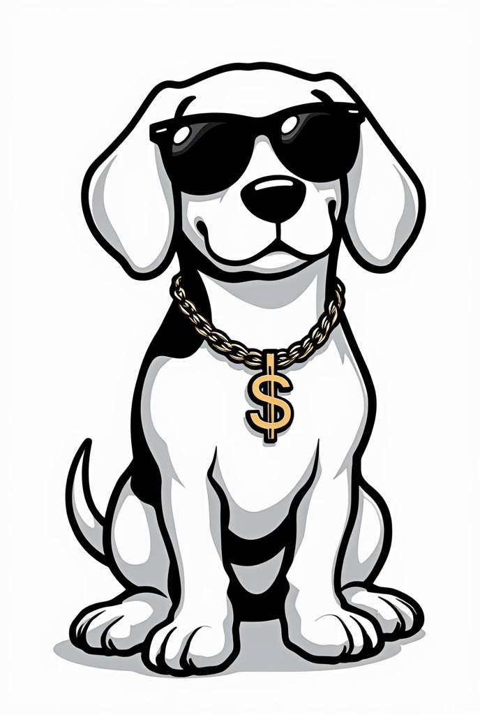 A cute beagle half body only wearing sunglasses with dollar sign, looks swag with wearing a gold chain, black outline only, no colour, minimalistic