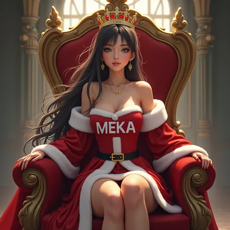 1girl, Long hair, Earings, Sitting on a Throne, wearing a crown, wearing a Christmas costume, With a text Meka on it