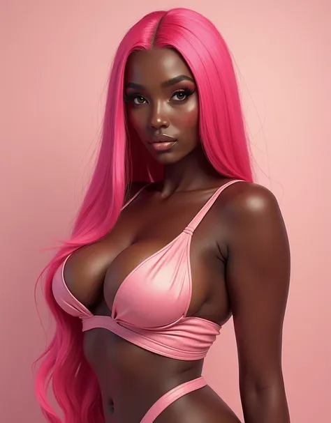 a dark-skinned woman with long straight pink hair, big breasts, wide hips, thin waist, wearing a swimming costume, full-face, (best quality,4k,8k,highres,masterpiece:1.2),ultra-detailed,(realistic,photorealistic,photo-realistic:1.37),extremely detailed eye...