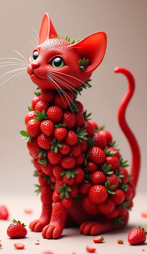 "Fusion of a cat and strawberry: the entire body of the cat is made of vibrant red strawberries. The cats head and tail are still recognizable, but its body is formed by clusters of strawberries, with the texture and seeds visible, looking natural and inte...