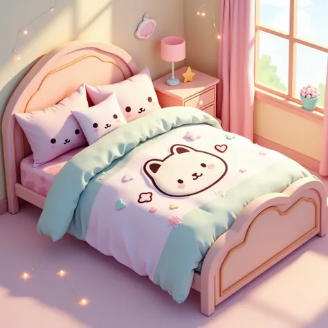 "Create a detailed 3D image of a kawaii-inspired anime bed. The bed frame is soft and pastel-colored, with elements like cute animal ears on the headboard and delicate, rounded edges. The bedding is made of plush, fluffy fabrics, featuring adorable charact...