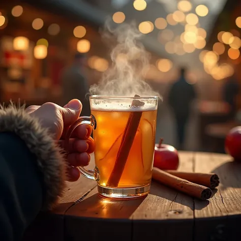  drunk at a German Christmas market Apfelglühwein ( Apfelglühwein )。 is a hot apple wine-based drink 、 has a golden color 。Pour into a translucent glass、 There are cinnamon sticks and thin apple slices floating on the surface。Steam rises up 、 Warmth is emp...