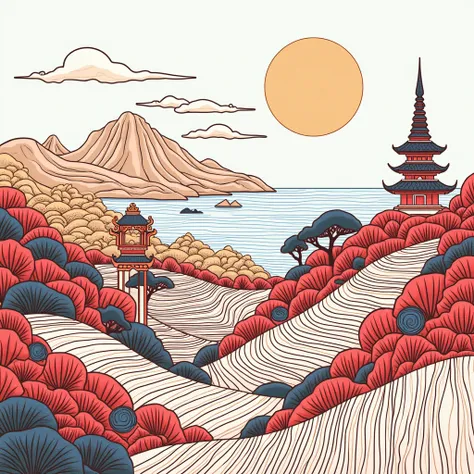  Create a line art landscape illustration using Red (#FF0000), Gold (#FFD700), and Blue (#3776AB). Include elements of Southeast and Eastern Asia like Rice Terrace, Paddy Field, Mountain, Ocean, Temple, Textile Pattern, Wave Pattern, and Architectural Art....