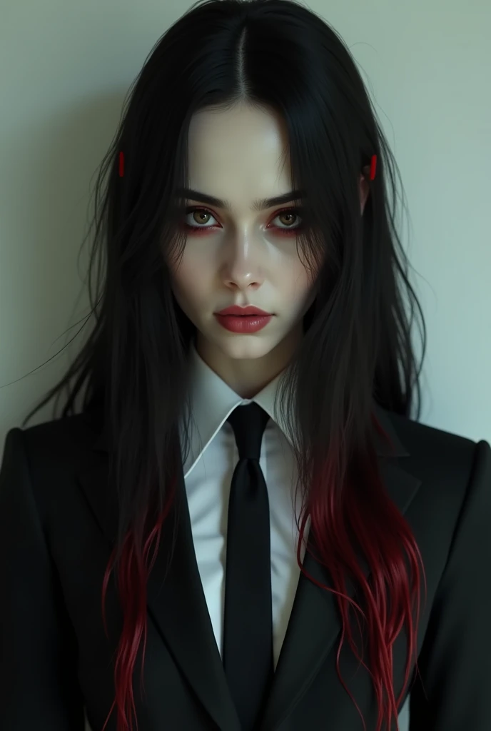 American woman with long black hair with blood-red tips,  brown eyes ,  white skin . Shes wearing an all-black outfit, a suit and tie..  The look and expression of an evil psychopath . realistic.