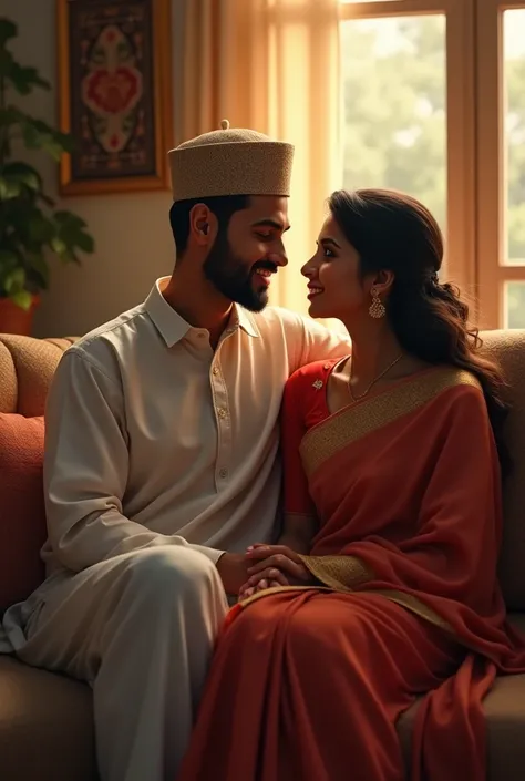 Romantic couple, a Muslim man wearing cap, and hindu woman in saree, sitting on sofa, looking at each, home interior background