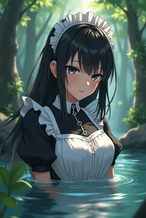  Anime girl black hair body Firm and adolescent silky hair dark eyes body Medium build ,  in a forest touching the waters of the river and looking at them with a smiley expression with wings around her with an expression of contempt and betrayal The mammar...